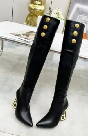 Carpaton Leather Knee High Boots Women Sexy Pointed Toe Strange Heels Long Boots Autumn Motorcycle Leather Riding Boots