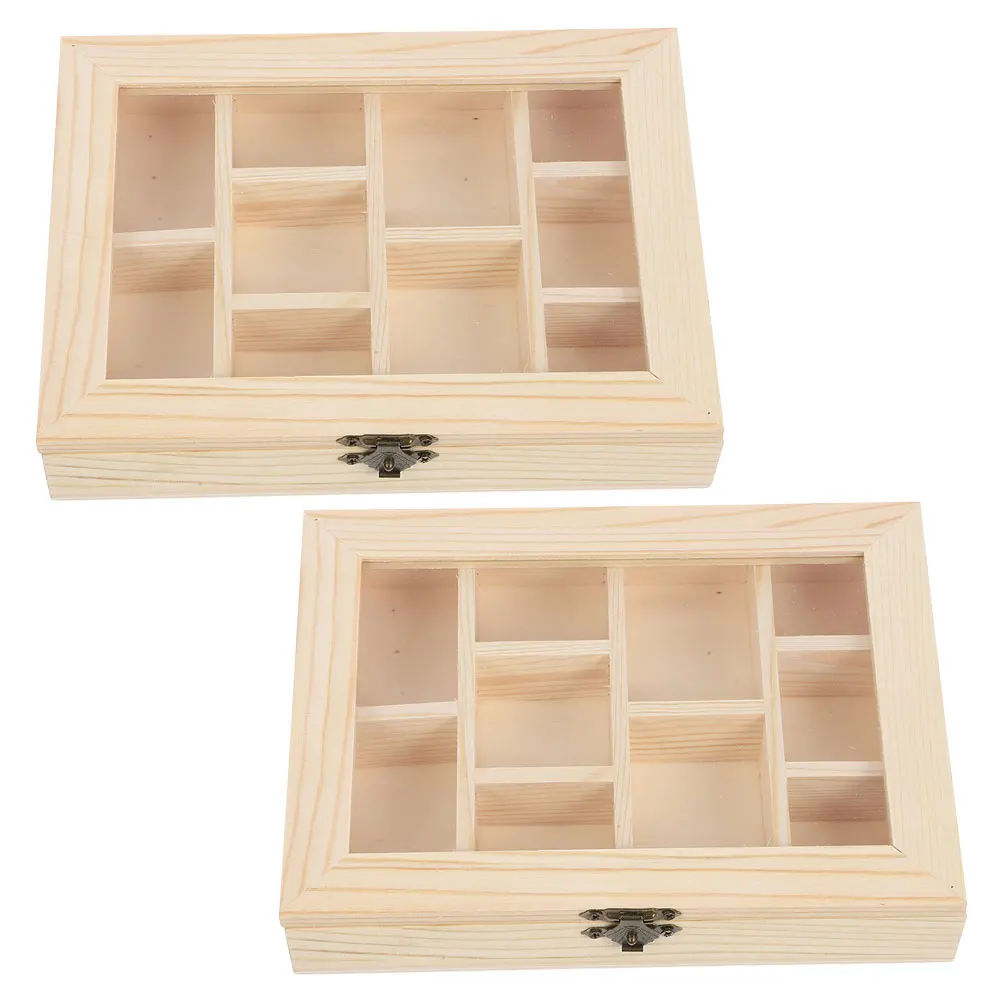 

2Pcs DIY Kids Wooden Jewelry Box Unfinished Wood Ten Compartments Transparent Lid Craft Storage Organizer Decoration
