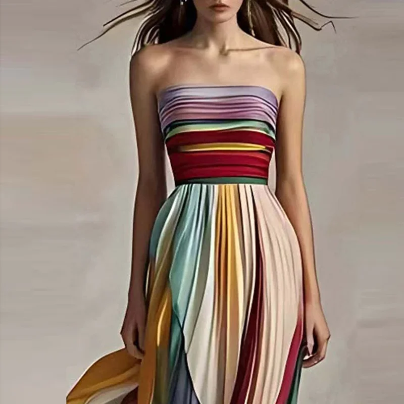 Elegant Sexy Off Shoulder Tube Tops Colorful Stripes Maxi Dress Women Sleeveless Color Collision Wrinkles Irregular Party Dress