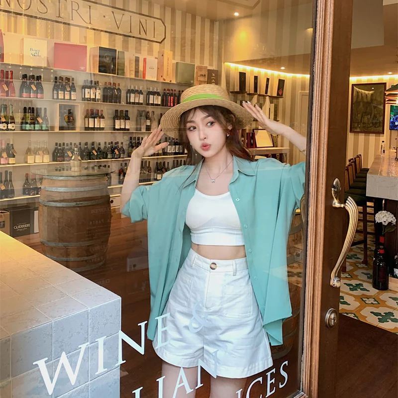 الحلوى اللون الحلو رقيقة قمصان النساء ربيع الخريف المتخصصة تصميم عصري زر قمم Ins نمط فضفاض رفض طوق قميص