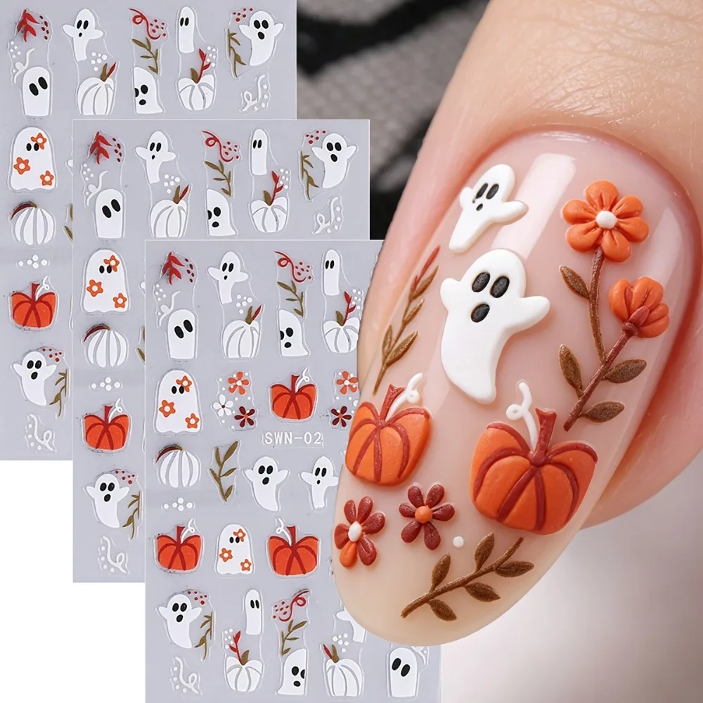 3 Sheets Embossed Halloween Nail Stickers Pumpkin Flower Leaf Branch Nail Decals Spooky Thanksgiving Fall Nail Art Accessories