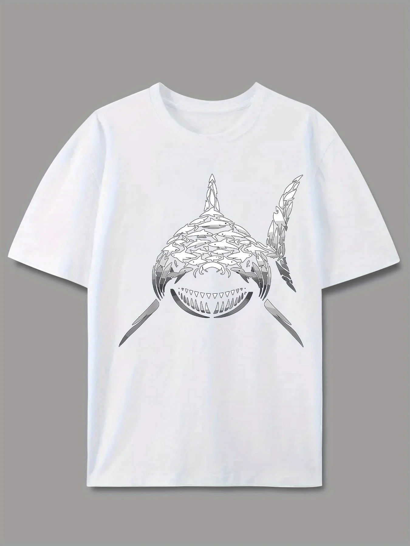 Shark School Print American Trendy Graffiti Letter Print Short Sleeve T-Shirt Unisex High Street Couple Top