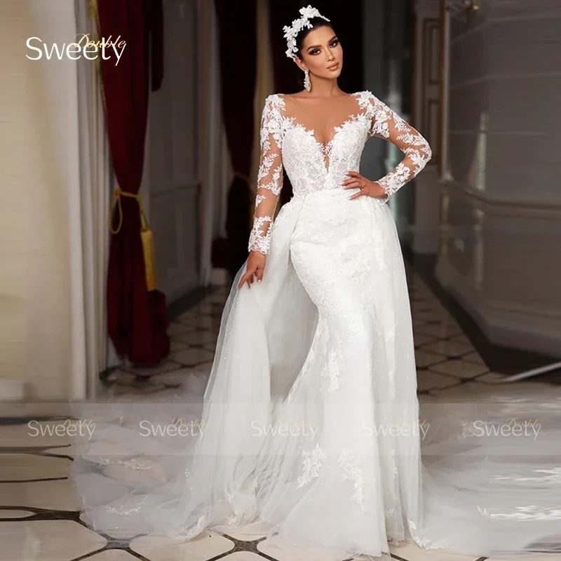 Abito da sposa con strascico staccabile pizzo ricamato con perline sirena o-collo manica intera sposa bottoni personalizzati Vestido De Novia