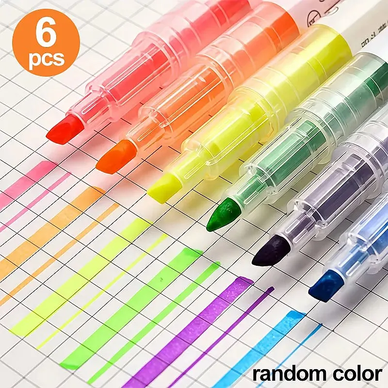 6 Double-Ended Highlighters Assorted Colors & Thicknesses for Note Taking Office Study Stationery Gift