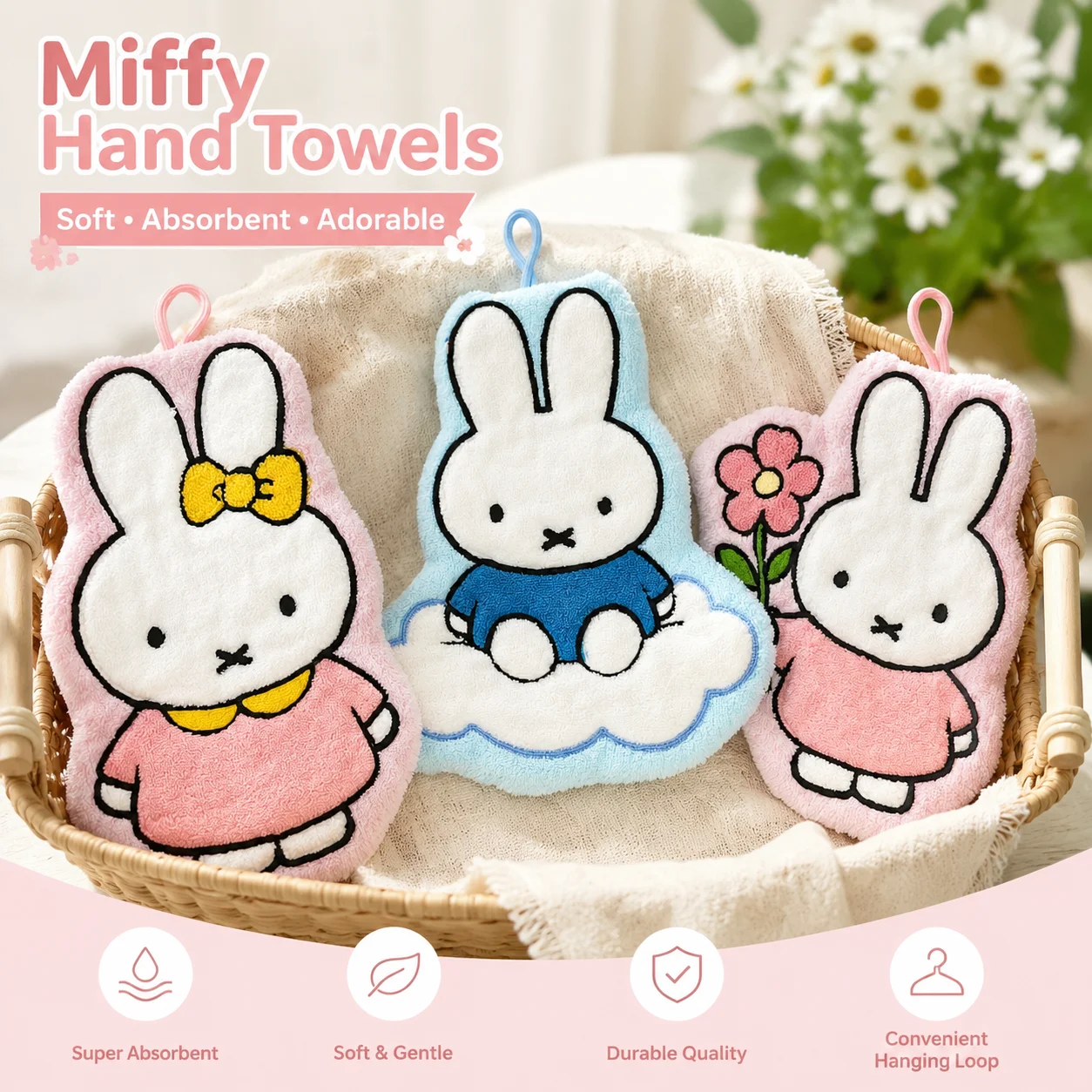 Cute Cartoon Miffy Rabbit Thickened Hand Towel for Bathroom Toilet Home Decorative Handkerchief Wipe Cloth Gift Souvenir