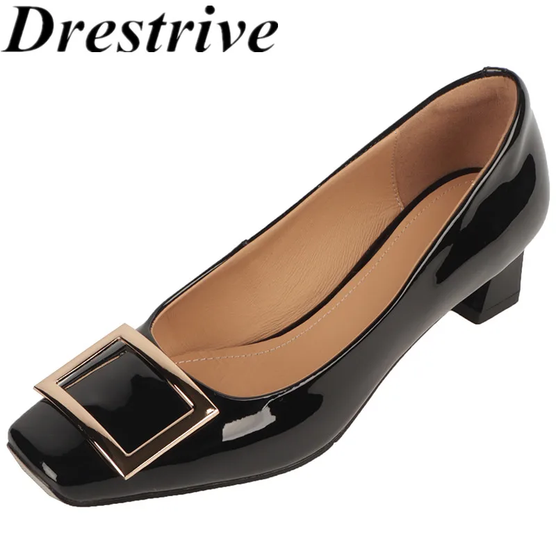 

Drestrive 2024 Classics Women's Pumps Square Toe Patent Leather Handmade Top Quality Thick Mid Heels Metal Knot Office