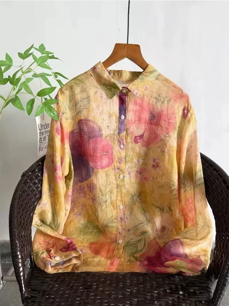 

Летние женские рубашки из 100% рами и льна с длинным рукавом, блузки для женщин, весенние винтажные рубашки с цветочным принтом в стиле 90-х