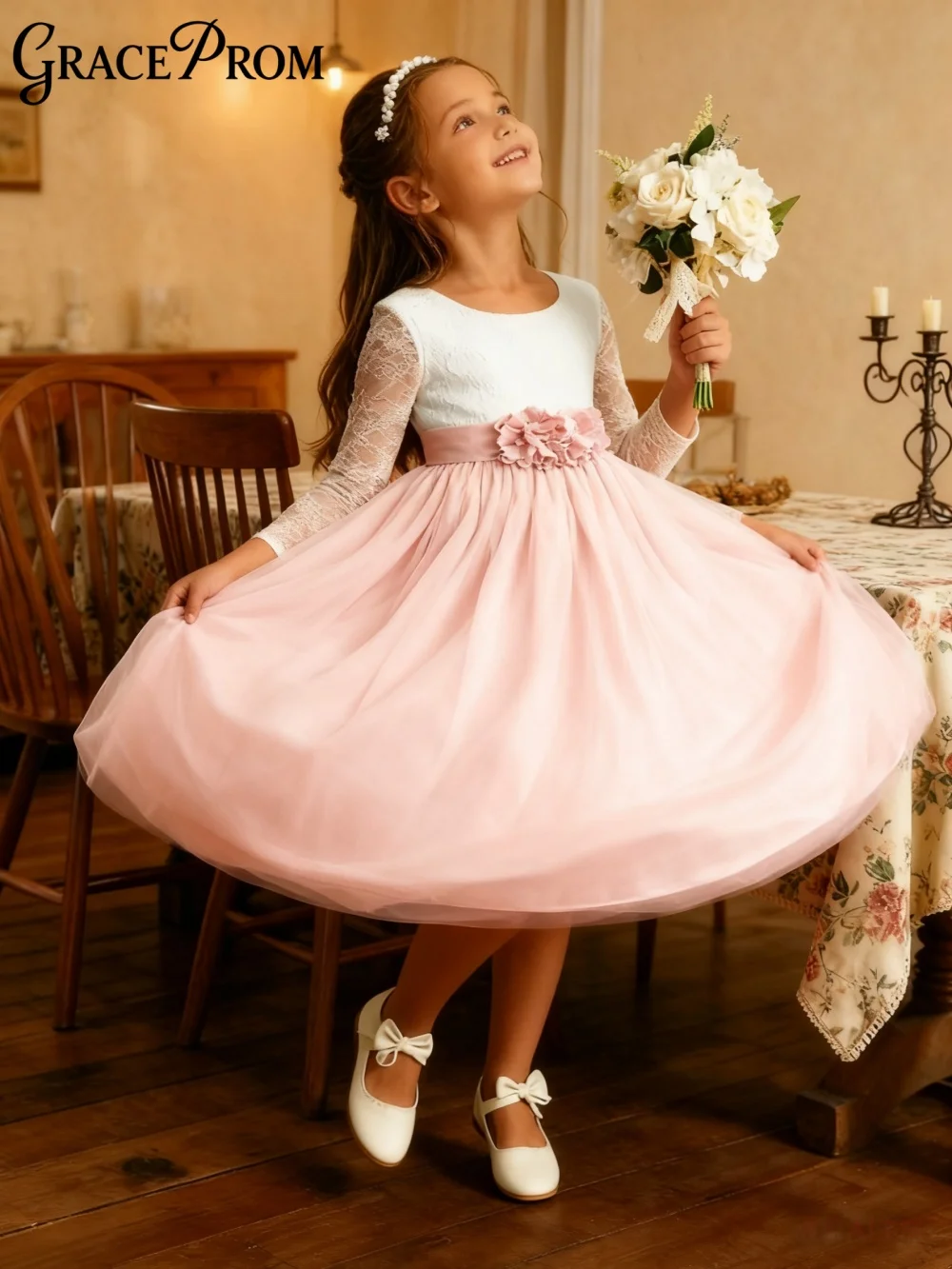 Cute Pink Ring Girl Dress Girl Stage Show Dress Girl Princess Dress Romantic A-Line Tulle Floor-Length Party Gown