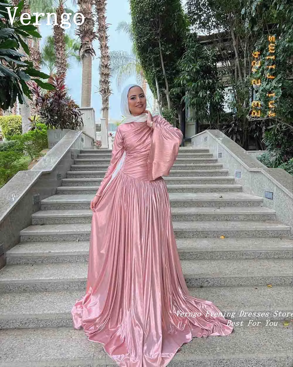 Verngo Pink Satin Prom Gowns High Neck Full Sleeves Party Dress Saudi Arabic Simple A Line Formal Occasion Dress