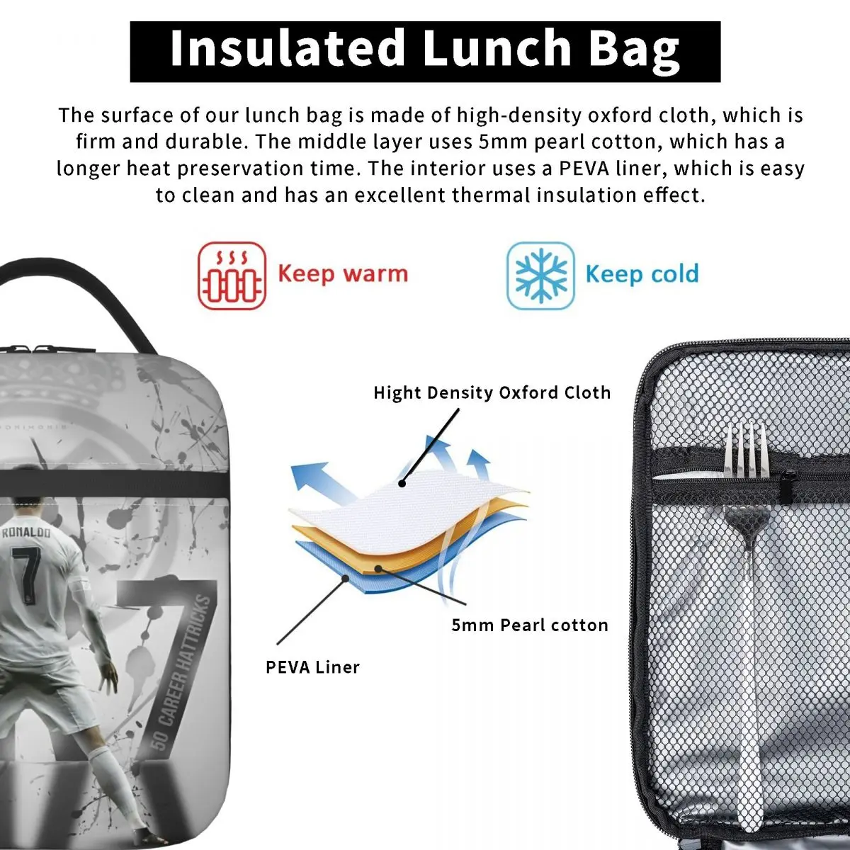 Sac à déjeuner isolé avec affiche de football CR7, sac thermique   Conteneur à déjeuner fourre-tout haute capacité, boîte à déjeuner, sacs à main alimentaires, bureau en plein air