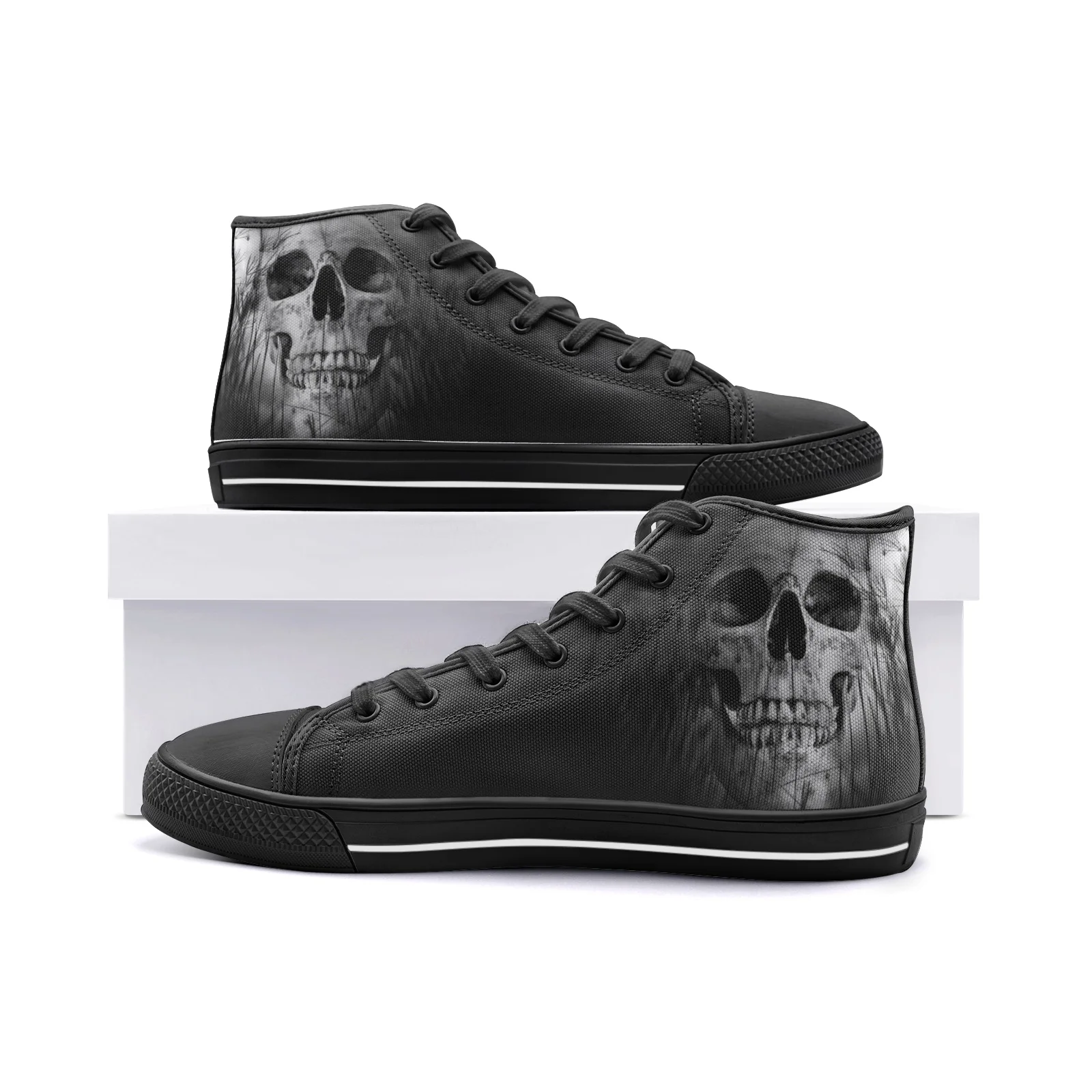 

Customizable grey and black skull vulcanized shoes, classic high-top canvas shoes, casual sneakers, denim shoes.