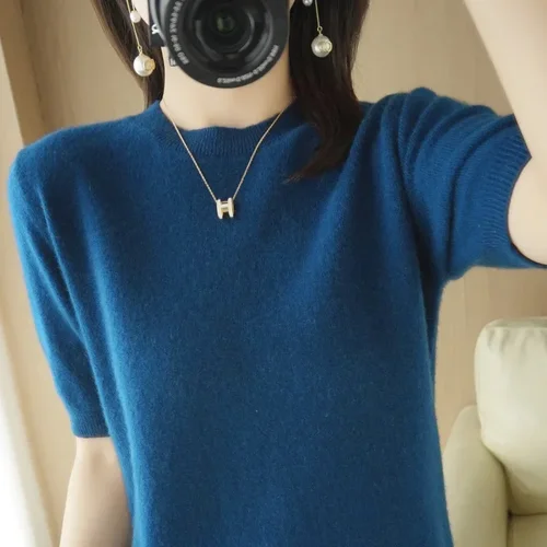 용수철 여름 여성용 반팔 니트 풀오버, O넥 슬림핏 스웨터, 보터밍 셔츠, 한국 패션 니트웨어, 2024