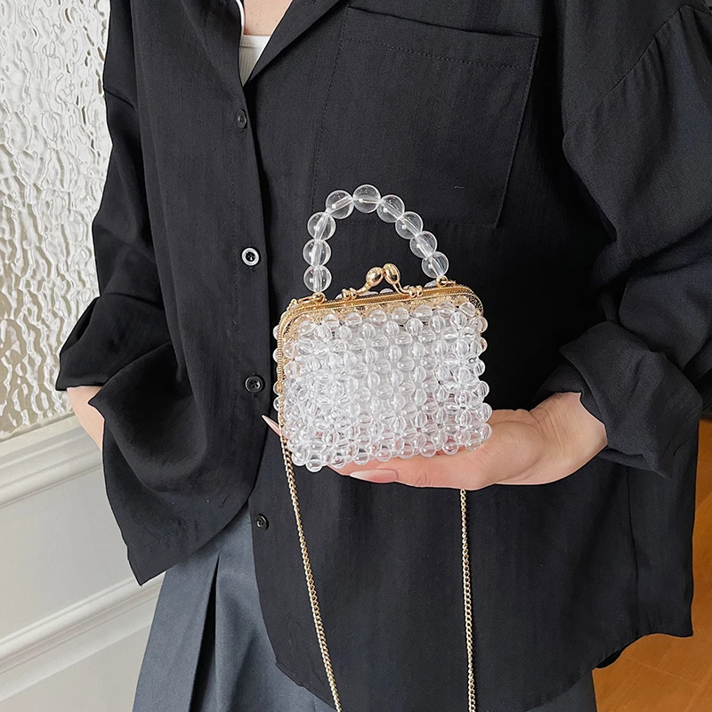 Luxuriöse Designer-Damentasche, handgefertigte Perlen-Tasche, neue Ketten-Schulter-Crossbody-Tasche, Mini-Lippenstift-Etui, Vintage-Perlen-Abendtasche – Detail 8