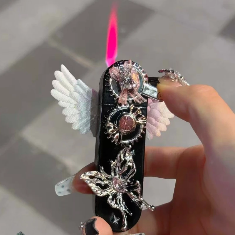 Original Handmade Gear Outdoor Windproof Lighter Angel Goth Y2k Niche Straight Red Flame Lighter Suitable for Girls As A Gift