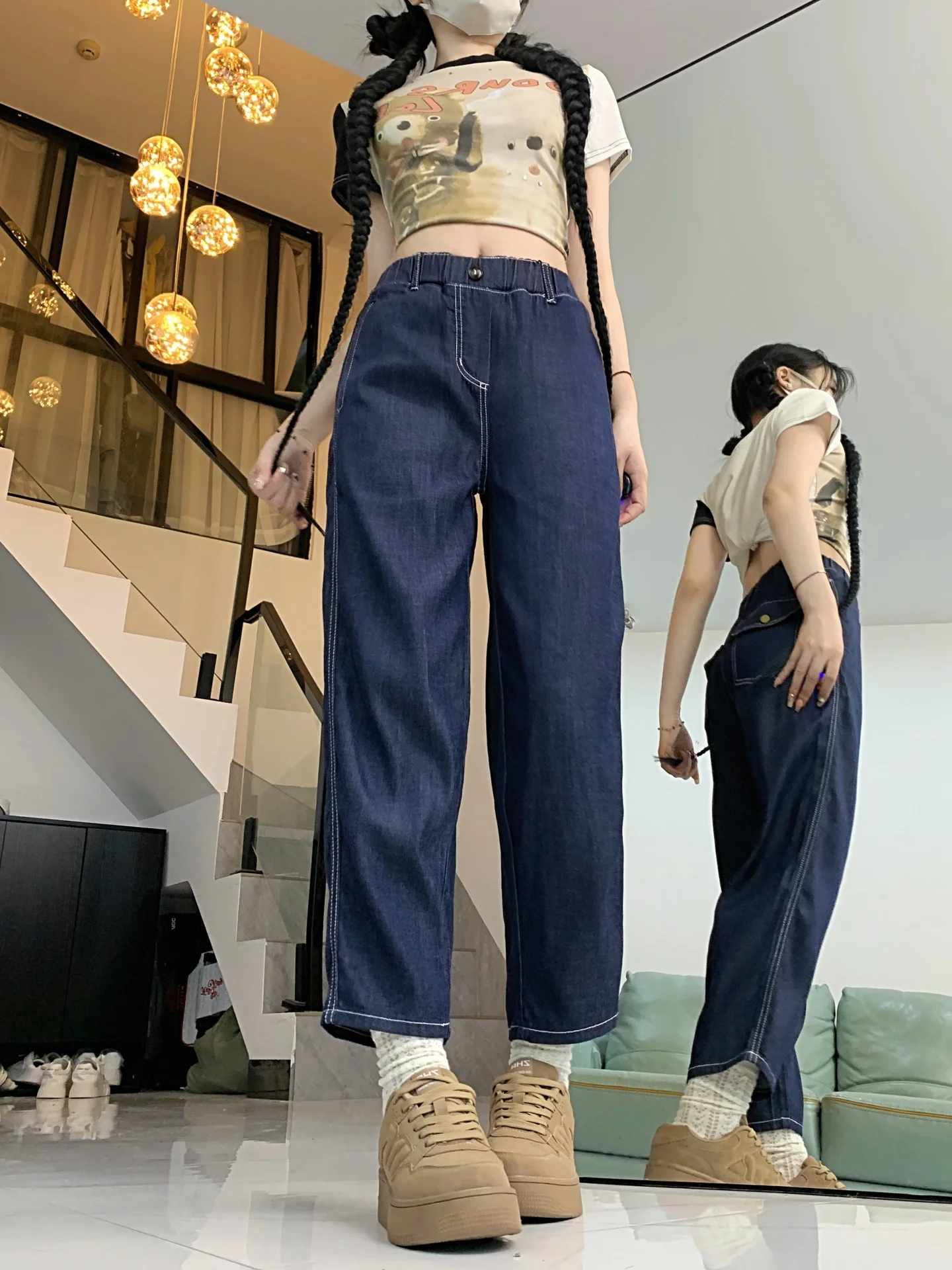 Pantalones vaqueros Harlan de talla grande para mujer, pantalones holgados de seda helada con pepino para papá, pantalones vaqueros informales americanos de pierna recta de cintura alta