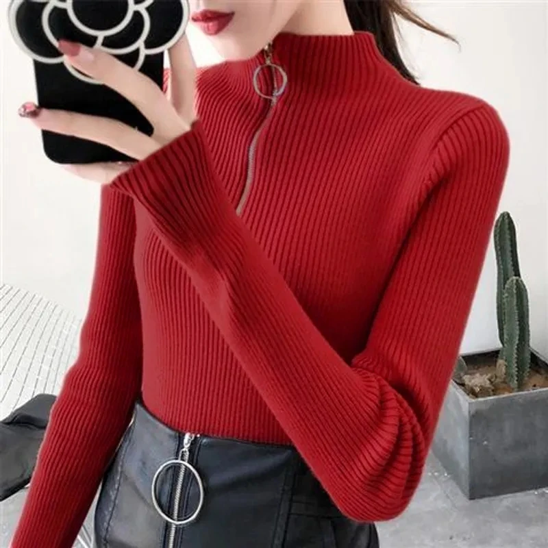 Suéter de punto con cremallera para mujer, jersey de cuello medio alto, suéteres básicos de otoño e invierno para mujer, prendas de punto sólidas ajustadas, Tops para mujer