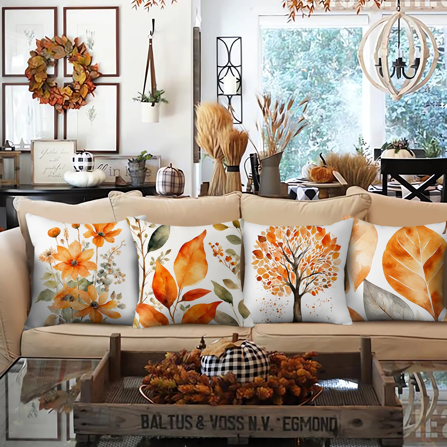 4pcs Fall Throw Pillow Covers with Orange Autumn Flower Big Leaf Autumn Tree Watercolor Design, for Indoor & Outdoor Farmhouse