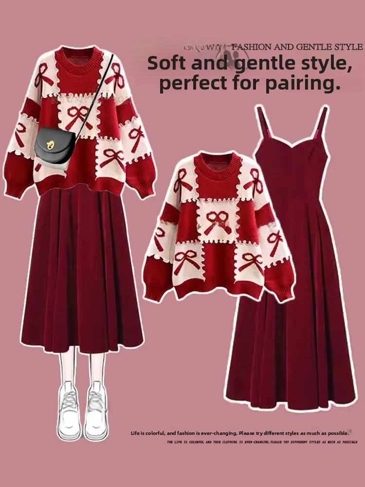 

Зимний женский новогодний красный свитер-двойка: комплект для коррекции фигуры и праздничного образа