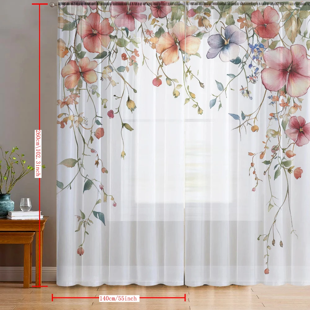 2PCS Home decoration watercolor floral printed window screens with pole bags, suitable for kitchens, cafes, and living rooms