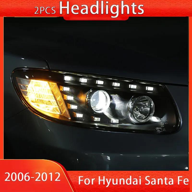 2 PCS Car Lights LED Head Lamp For Hyundai Sante FE 2006 2007 2008 2009 2010 2012  Headlights Assembly DRL Demon Eyes