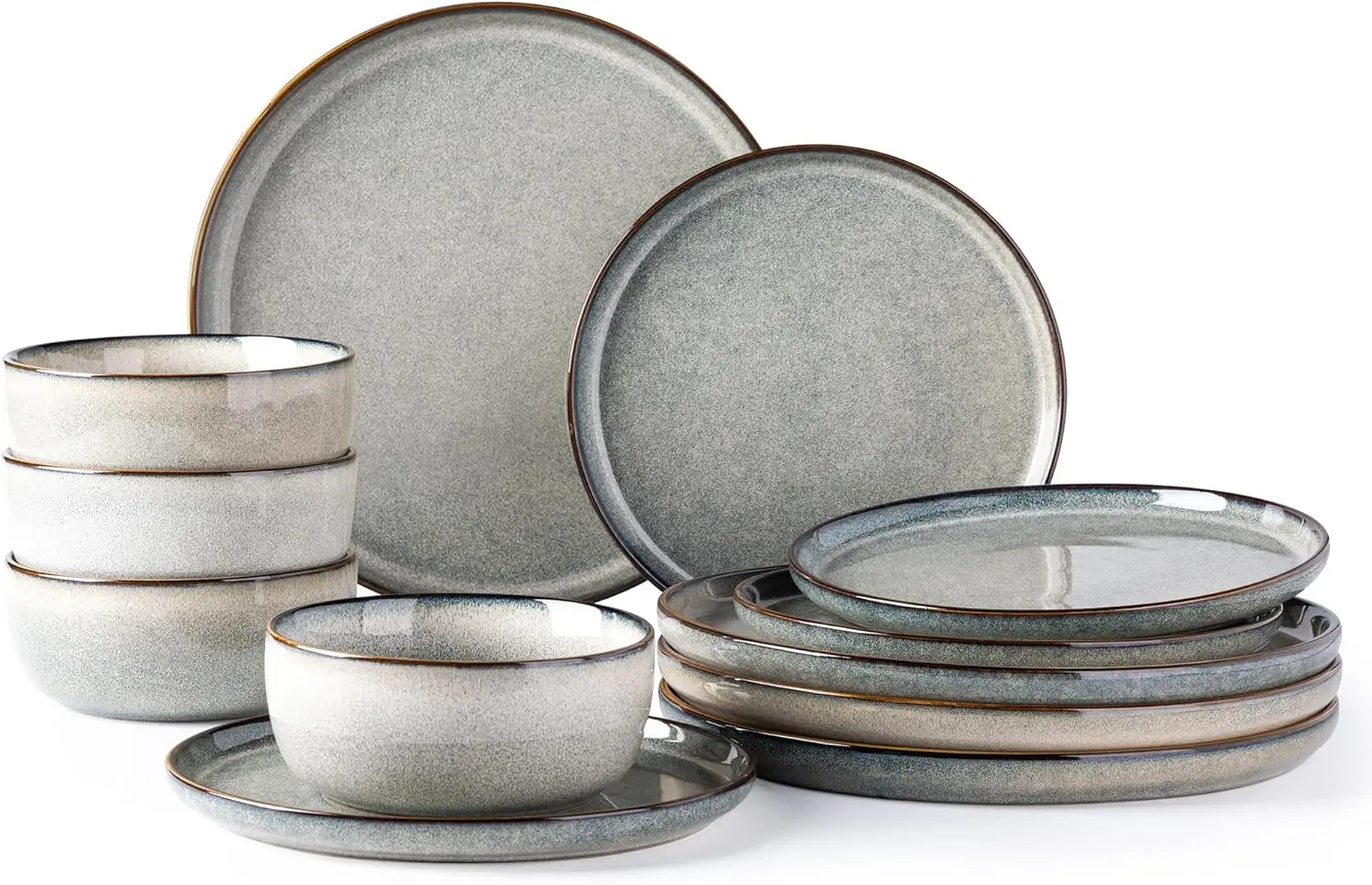 

12-Piece Stoneware Dinnerware Set for 4, Reactive Glaze Plates & Bowls, Microwave & Dishwasher Safe, Scratch Resistant, Green Wheat