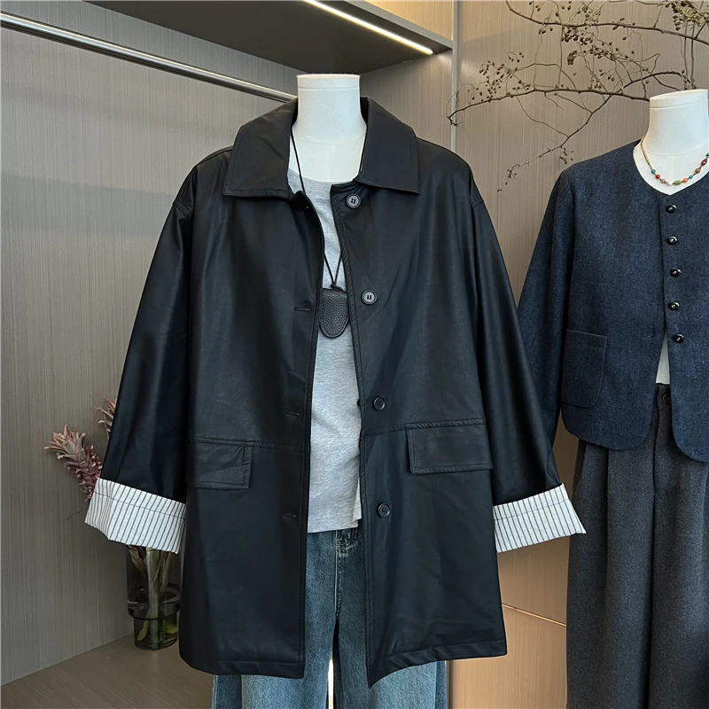 Ele Retro Bla Leather Jaet Allentato Casual Versatile di media lunghezza Colletto alla coreana Primavera Autunno Faion Capispalla per donna