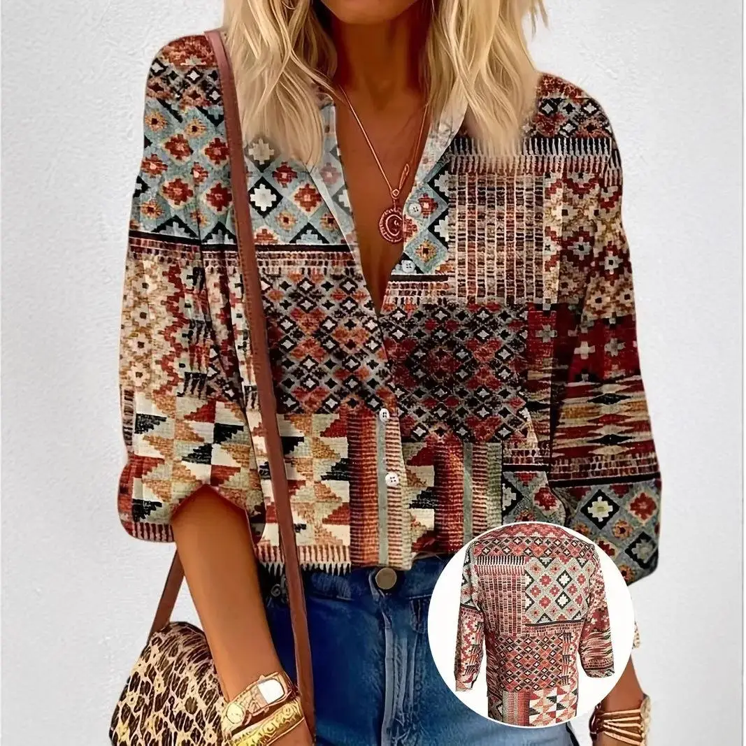 Color Blo Mujer irt Casual Sle Poliéster Largo Sve Top Faionable Diseño Estampado Ajuste Regular Colección Primavera