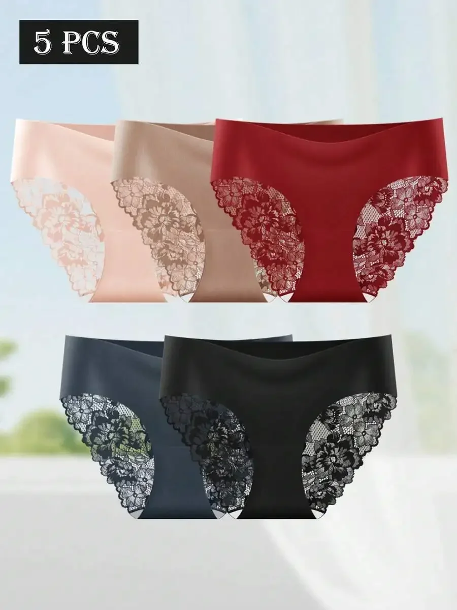 

5 Pieces Womens Lace Trim Triangle Panties Comfortable Breathable Fabric