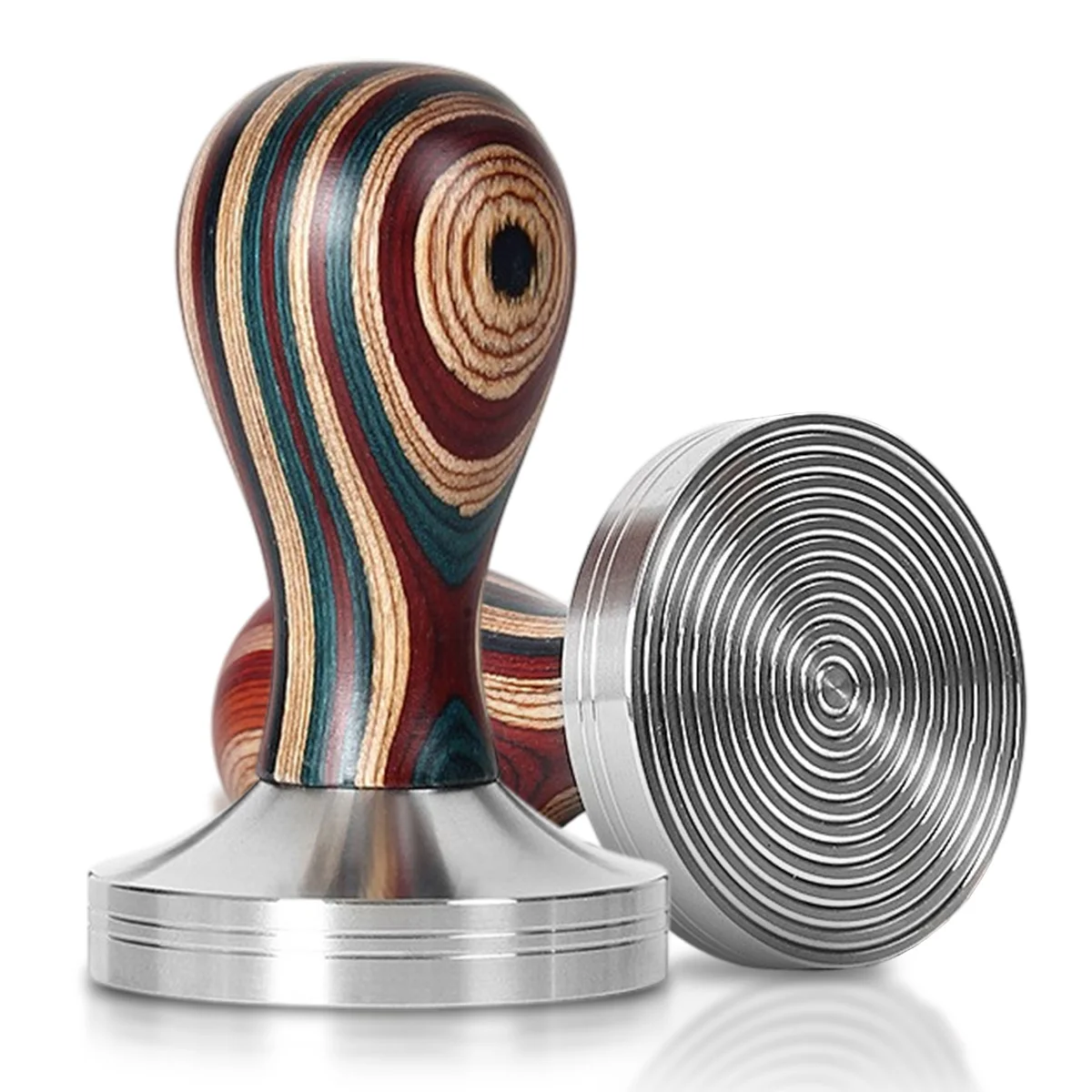 

E2 51/53/58mm Espresso Tamper, Ripple Base with Color Wood Handle for Coffee Machines, Fast and Uniform Filling and Flattening