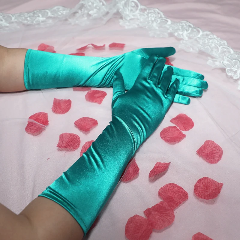 Green Teal Stretchy Shiny Satin Tea Gloves Prom Evening Party Wedding Bridal Charm Gloves Full Finger Long Women\'s Gloves