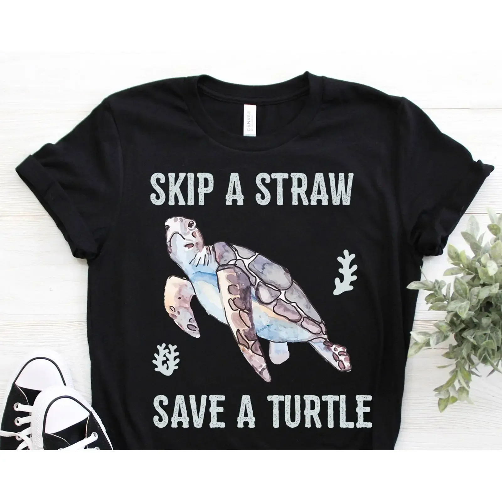 Skip A Straw Save Turtle T Shirt Ocean Animal Lover Environmental  vintage Washed homme Slightly Top For Everyday Wear Casual