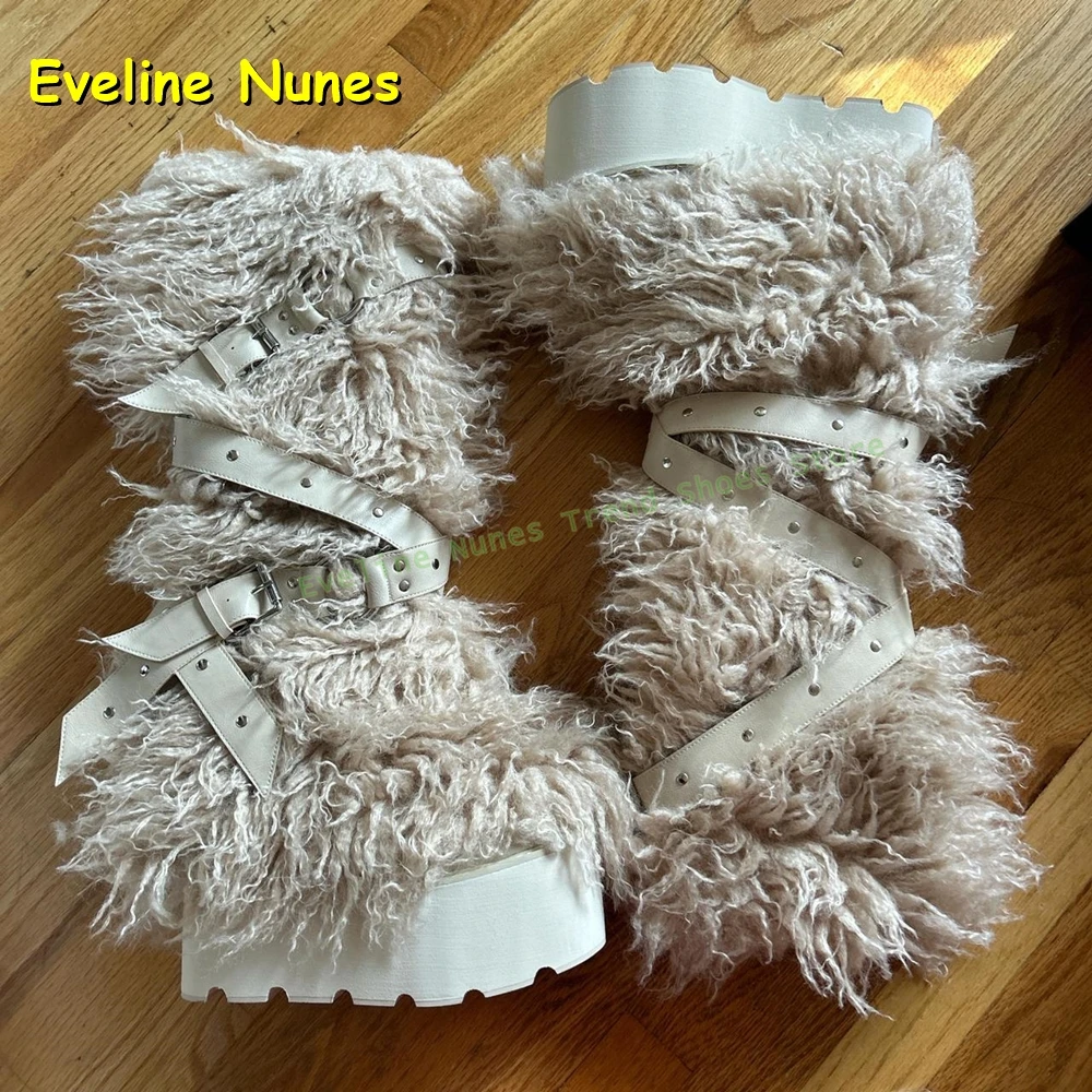 Wild Instincts Faux Fur Boots Belt Buckle White Studded Rivet Ankle Wrap Women Sexy Knee High Boots Plush Warm Spicy Girl 2024