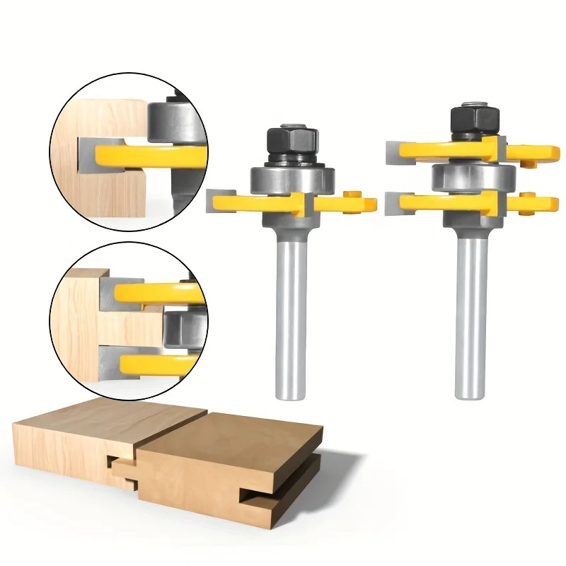 

‌2PCS 1/4"/8mm/1/2" Shank 3-Tooth T-Slot Router Bit Set - Tongue & Groove Cutter for Wood Flooring/Panel Joinery‌