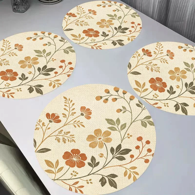 VIKAMA Retro Caramel Vine Small Fragmented Flowers Round Linen Table Mat Insulation and Wear resistant Table Mat Desktop Decor
