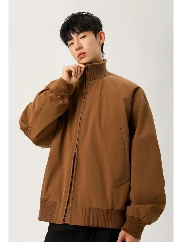 Short Fit Men's Flight Jacket Vintage Stand Collar Loose Outerwear American Style Spring Trendy Brand Windproof Polyester Fiber