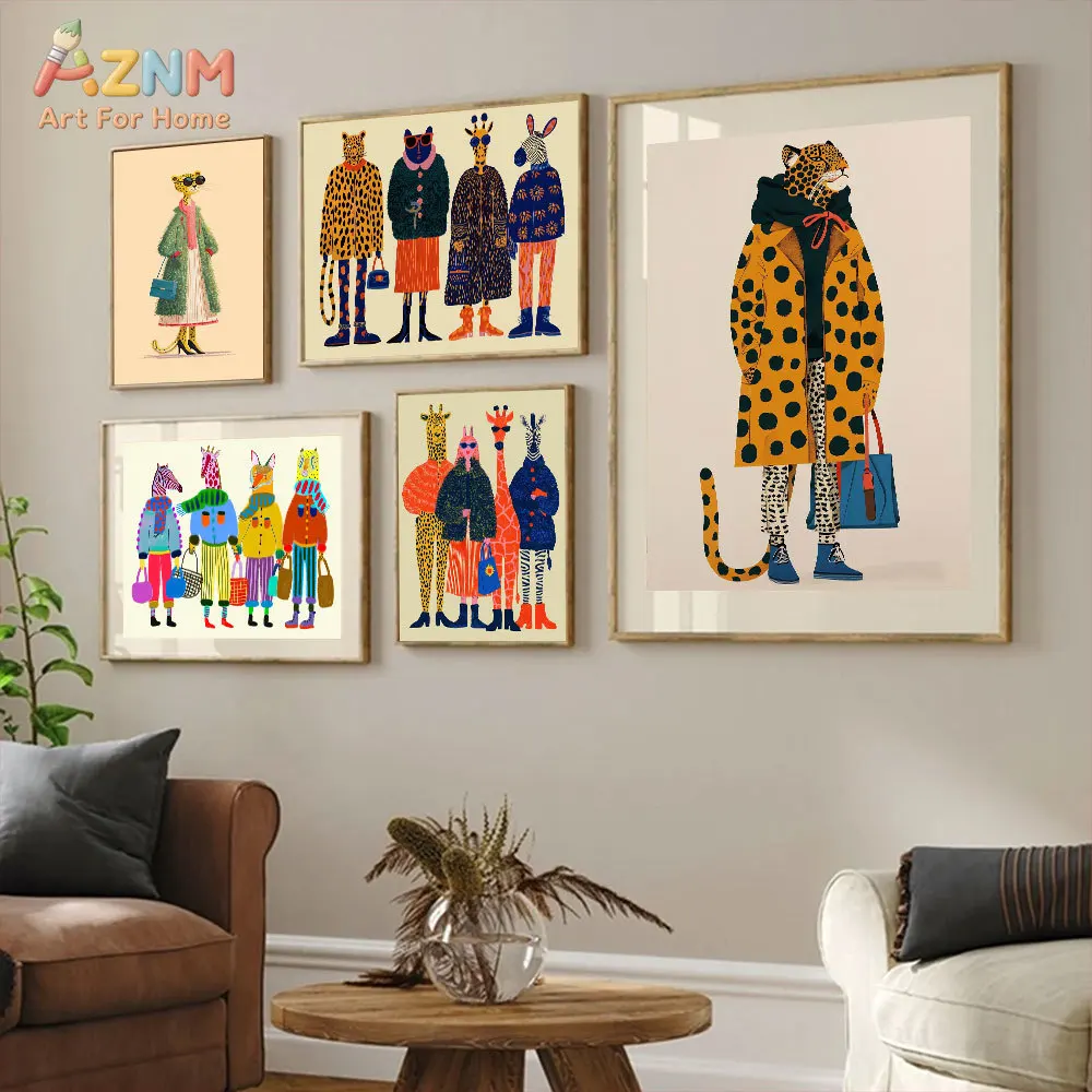 AZNM Frameless Canvas Wall Art, Fashion Anthropomorphic Leopard Zebra Giraffe Cat In Outfits Colorful Cartoon Animal Print Moder