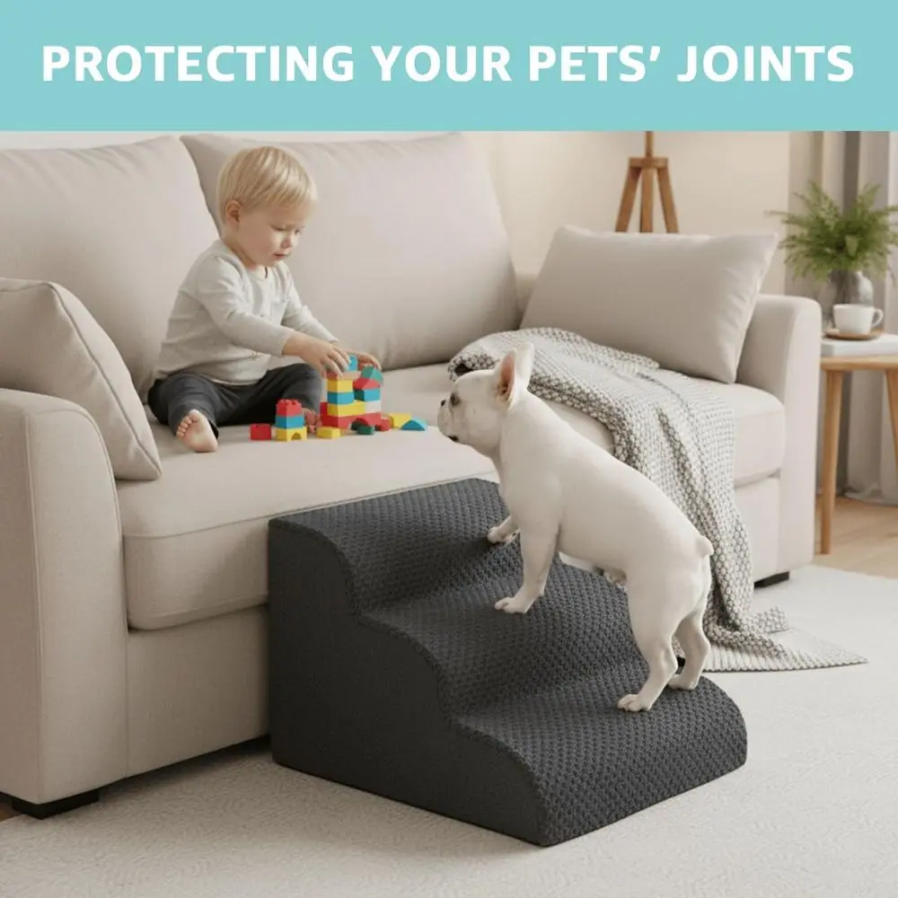 Dog Stairs 15 H, 3-Step Pet Steps with Anti-Slip Washable Cover and Durable High Density Foam, Grey