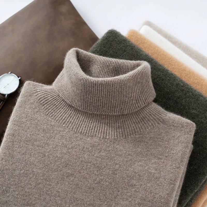 

Autumn Winter New 100% Cashmere Sweater Men's High Turnover Collar Knit Pullover Lightweight Warm Long Sleeve Solid Color Tops