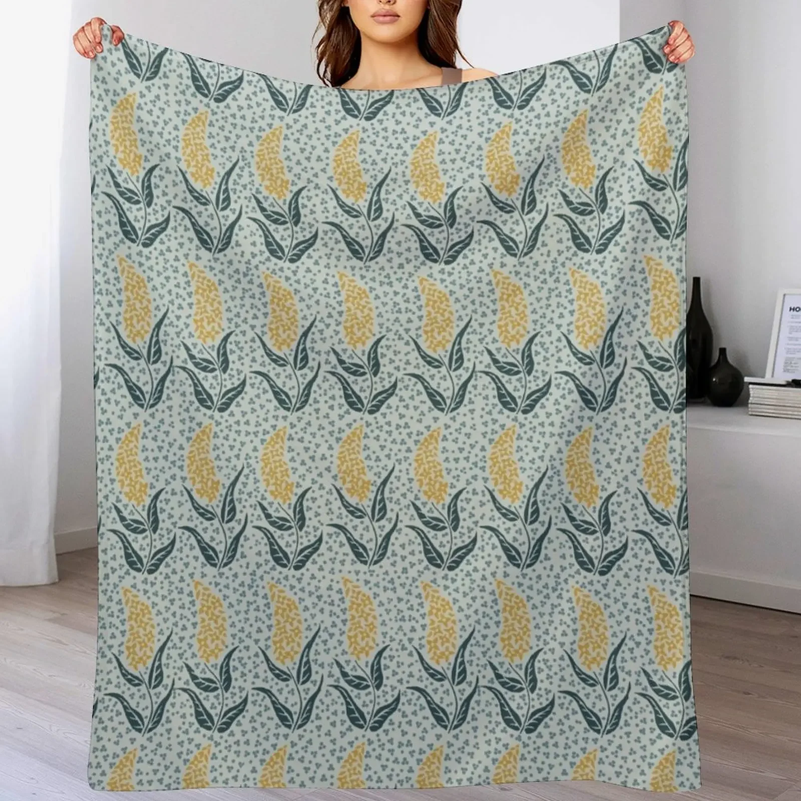 

Flower Spike in Gold with Blue, Blue & Gray Throw Blanket Retros Bed Fashionable Blankets