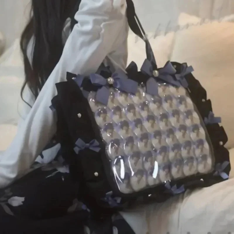 

WG Ribbon Itabag Y2K Lolita Kawaii Japanese Manga PU Tote Bag Transparent PVC Double Unit Large Capacity Zipper Shoulder Bag New