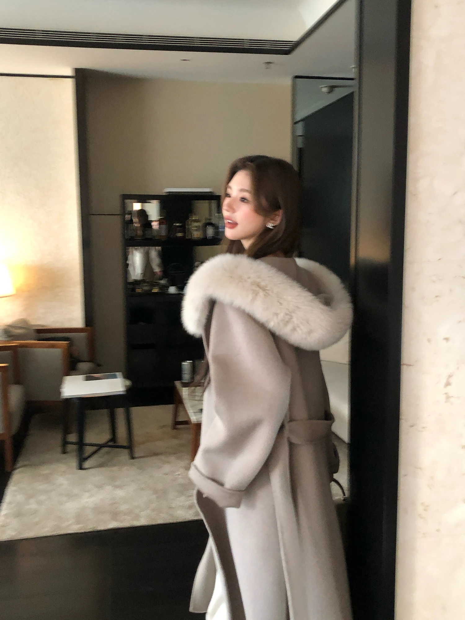 

Double-Faced Camere Woolen Coat Fur Collar Women's Sle Autumn Winter Ele Commute Long Sve Hooded Coat