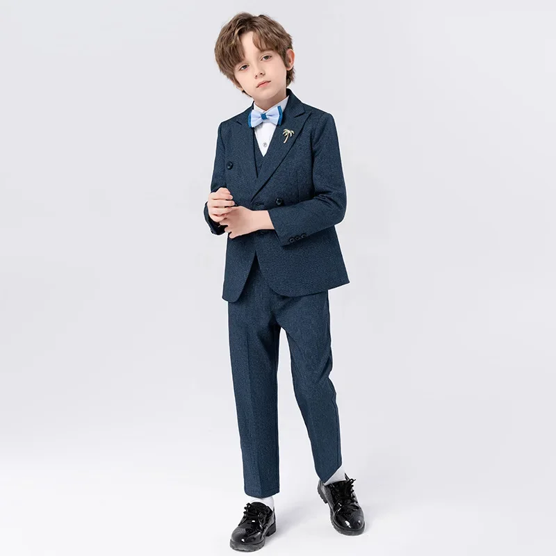 Boys Navy Blue Slim Fit Suits Formal Wear Childrens Teenagers Best man Performance Host Clothes Kids Students Party Full Dress