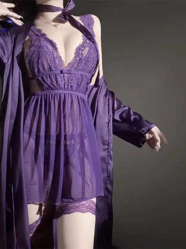 Charme Sexy Lila Unterwäsche Spitze Versuchung Schlafen Tank Mini Kleid Süße Koreanische Frauen Sexy Neue Jahr Lila Kleid Elegante YQL4