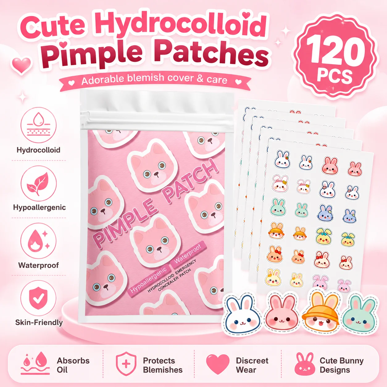 120pcs Cartoon acne patch, cute cat-shaped facial concealer acne patch, safe, non-toxic, gentle and non-irritating, suitable for
