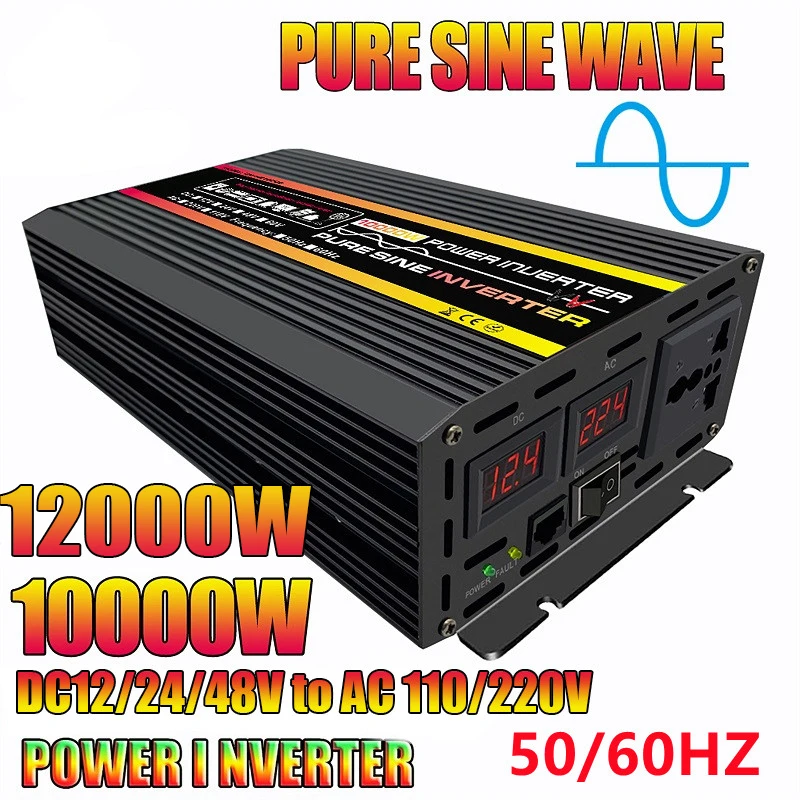 

10000W LCD Display Power Inverter Pure Sine Wave Solar System AC 12V 24V To DC 220V Converter Outdoor RV Car Camping Inverter