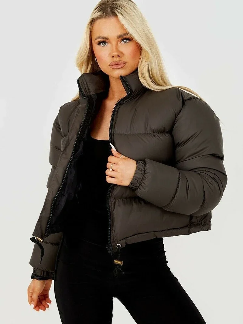 Chaqueta acolchada de algodón para mujer, abrigo corto de Color liso con cuello Simple e informal, para invierno, 2023
