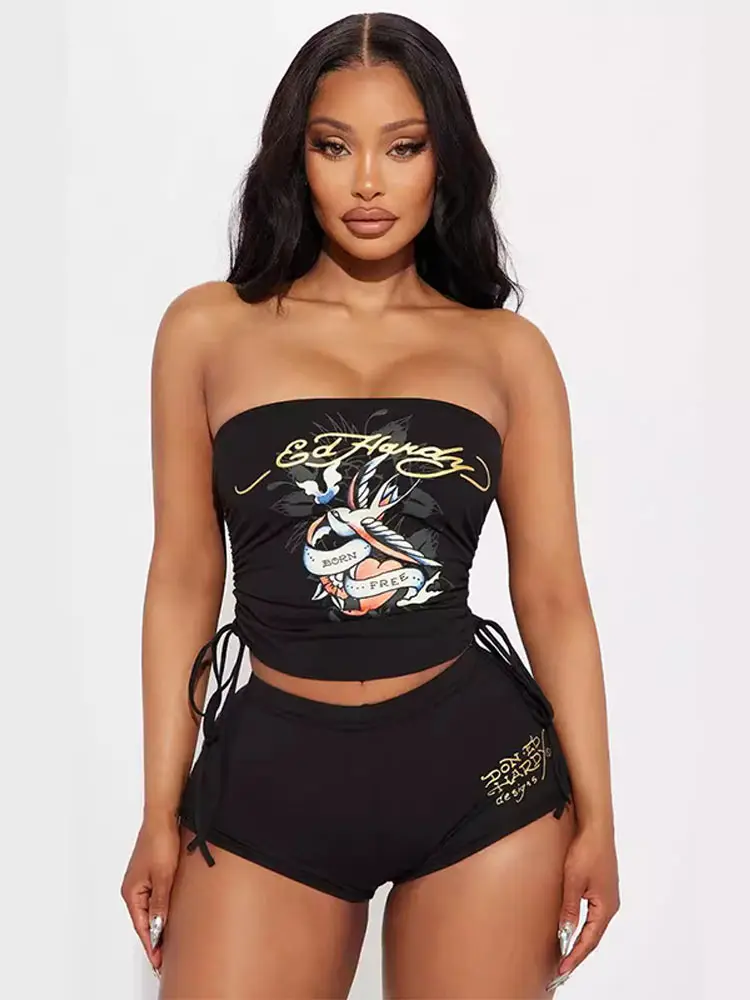 

Casual Print Vest Shorts For Women Strapless Backless Slim Fit Lace Up Vests Low Waist Pants 2025 Summer Fashion Y2k Outfits