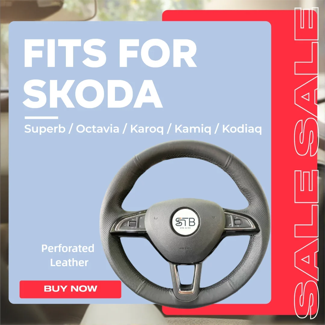 Hand‑Stitched Steering Wheel Cover, Perforated Genuine Leather, Custom Fit for Skoda Superb, Octavia, Karoq, Kamiq, Kodiaq