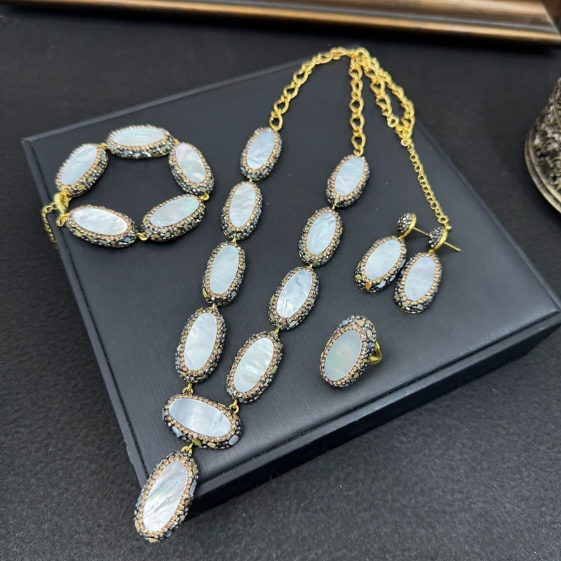 Turkish Natural Oval Shell Pearl Jewelry Set for Women Handmade Rhinestone Quartz Bangle Rings Necklace Luxury Sets for Wed