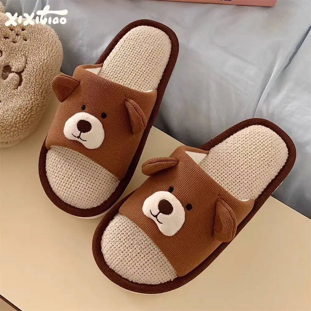 

Women's Brown Bear Linen Slippers Cute Home Sweat Absorbent Four Season Versatile Shoes for Air Conditioned Rooms